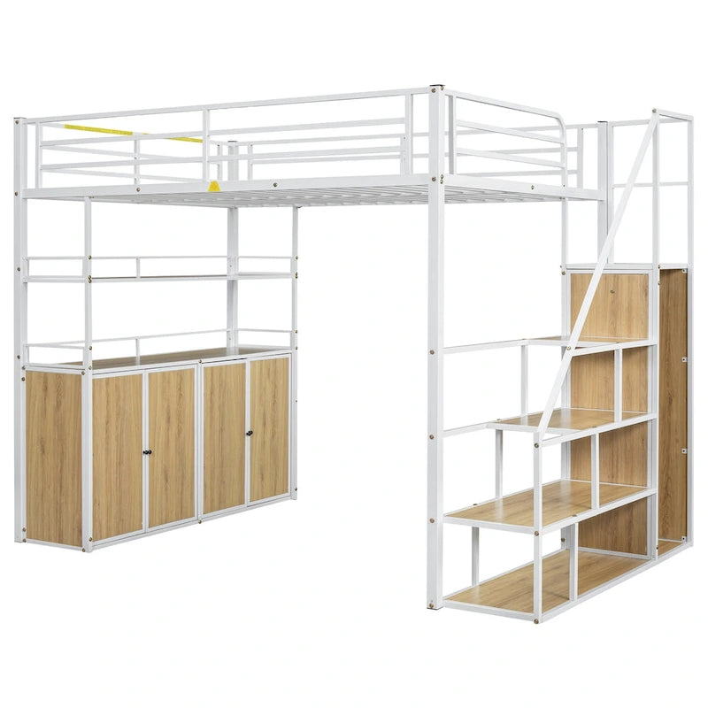 Lit mezzanine double en métal avec escalier de rangement, armoire et étagères