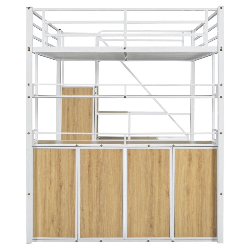 Lit mezzanine double en métal avec escalier de rangement, armoire et étagères