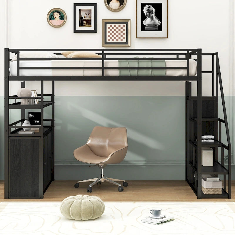 Lit mezzanine double en métal avec escalier de rangement, armoire et étagères