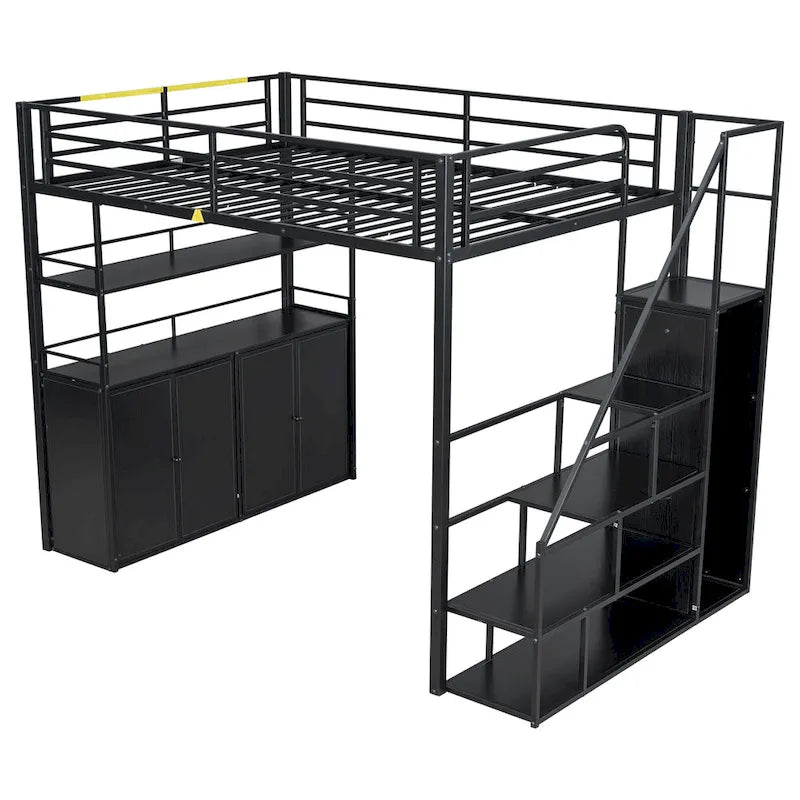 Lit mezzanine double en métal avec escalier de rangement, armoire et étagères