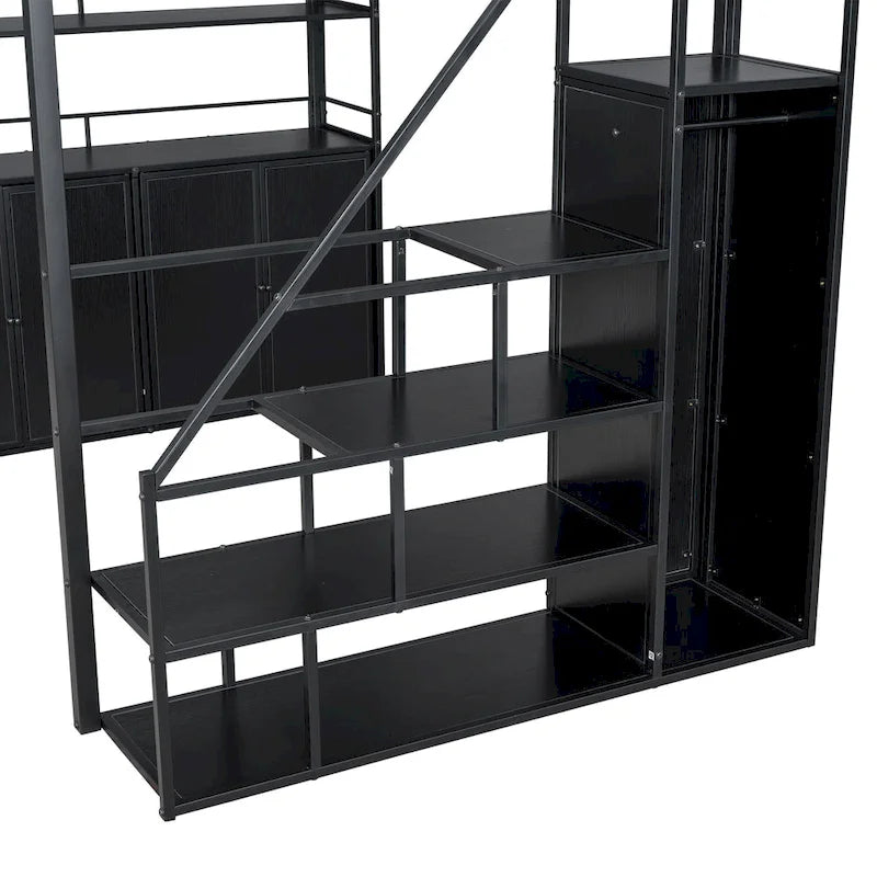 Lit mezzanine double en métal avec escalier de rangement, armoire et étagères