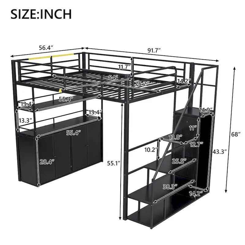 Lit mezzanine double en métal avec escalier de rangement, armoire et étagères