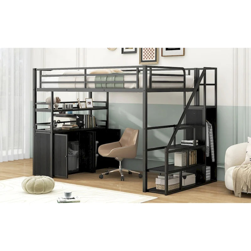 Lit mezzanine double en métal avec escalier de rangement, armoire et étagères