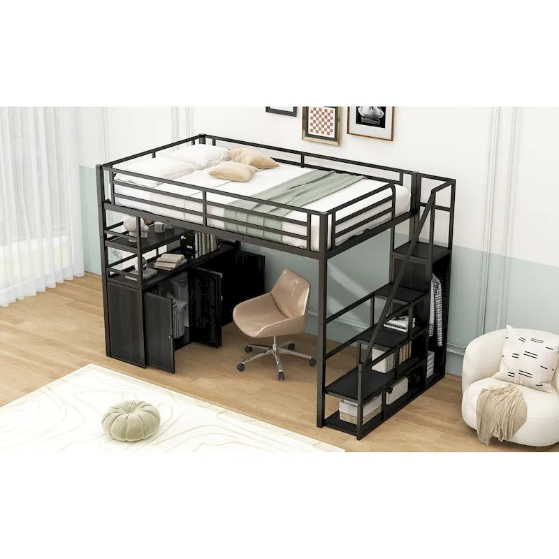 Lit mezzanine double en métal avec escalier de rangement, armoire et étagères
