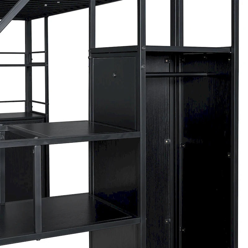 Lit mezzanine double en métal avec escalier de rangement, armoire et étagères