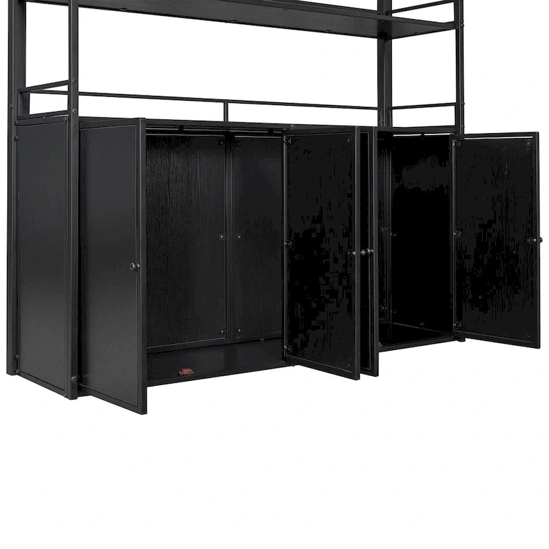 Lit mezzanine double en métal avec escalier de rangement, armoire et étagères
