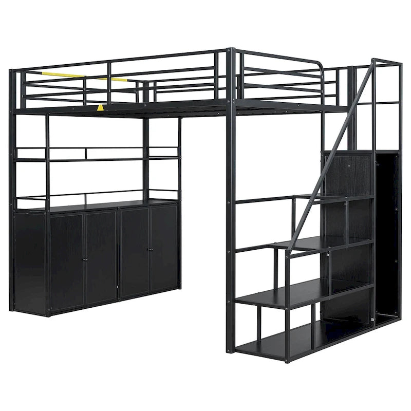 Lit mezzanine double en métal avec escalier de rangement, armoire et étagères