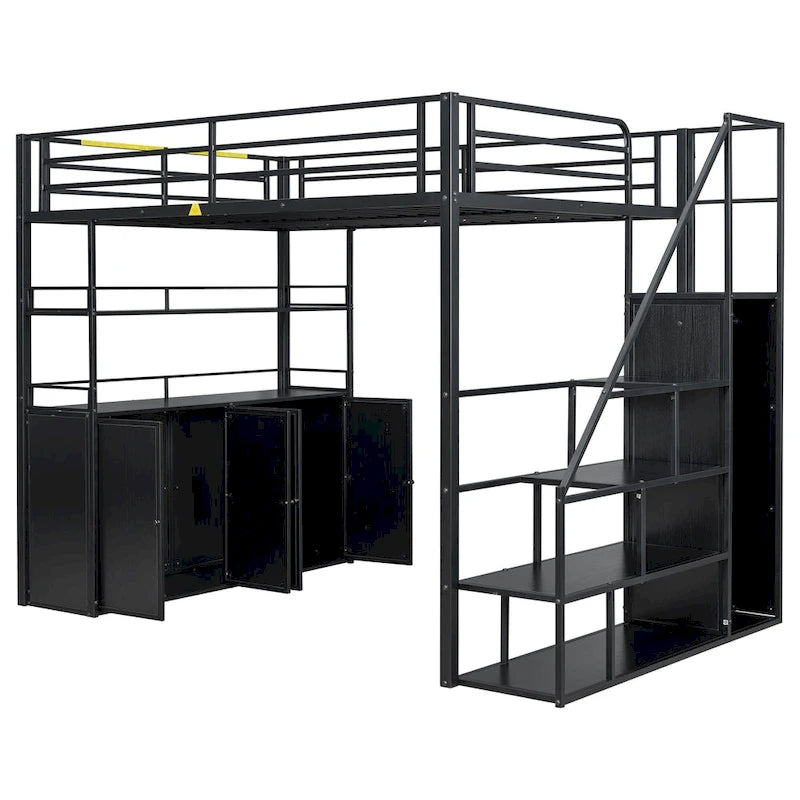 Lit mezzanine double en métal avec escalier de rangement, armoire et étagères
