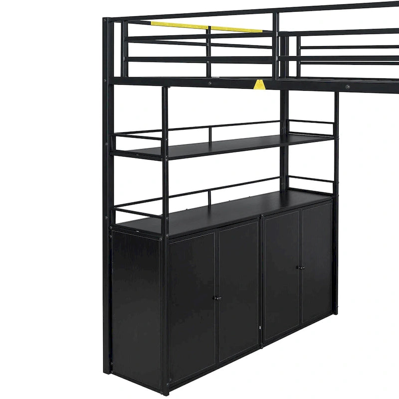 Lit mezzanine double en métal avec escalier de rangement, armoire et étagères