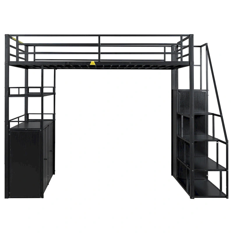 Lit mezzanine double en métal avec escalier de rangement, armoire et étagères