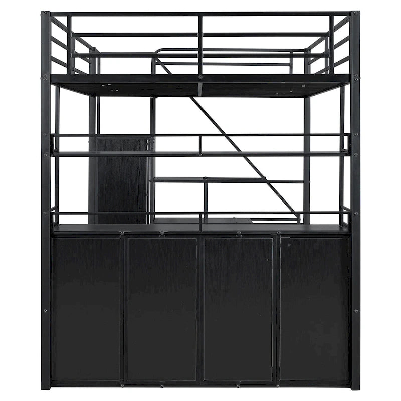 Lit mezzanine double en métal avec escalier de rangement, armoire et étagères