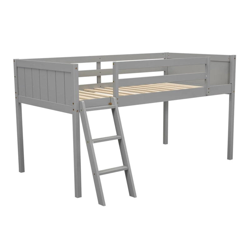 Lit mezzanine jumeau en bois massif bas avec garde-corps et échelle