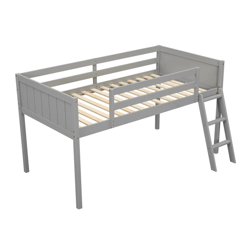 Lit mezzanine jumeau en bois massif bas avec garde-corps et échelle