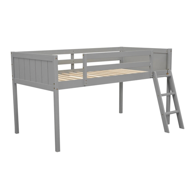 Lit mezzanine jumeau en bois massif bas avec garde-corps et échelle