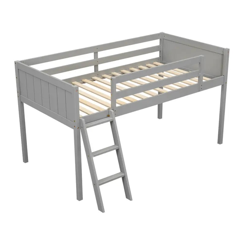 Lit mezzanine jumeau en bois massif bas avec garde-corps et échelle