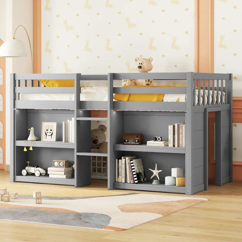Lit mezzanine bas pour enfant, taille double, avec étagères à deux niveaux et lumière LED