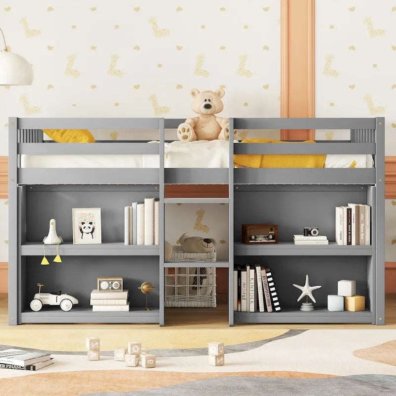 Lit mezzanine bas pour enfant, taille double, avec étagères à deux niveaux et lumière LED
