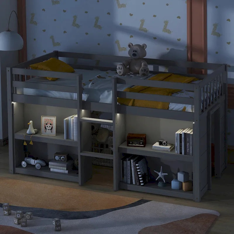 Lit mezzanine bas pour enfant, taille double, avec étagères à deux niveaux et lumière LED