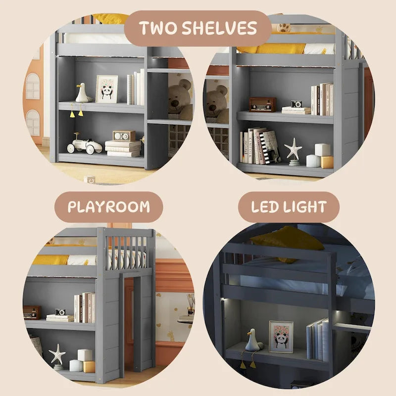 Lit mezzanine bas pour enfant, taille double, avec étagères à deux niveaux et lumière LED