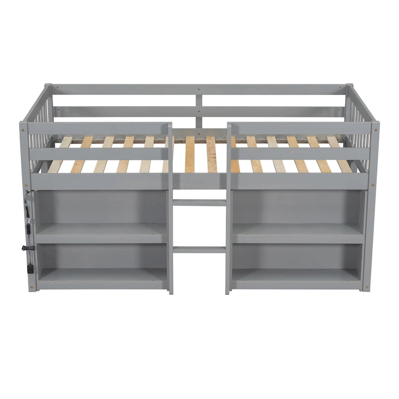 Lit mezzanine bas pour enfant, taille double, avec étagères à deux niveaux et lumière LED