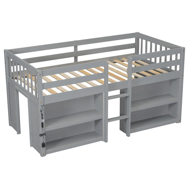 Lit mezzanine bas pour enfant, taille double, avec étagères à deux niveaux et lumière LED