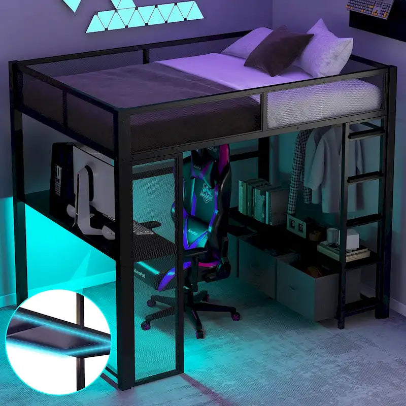 Lit mezzanine gaming en métal double avec LED 16 couleurs, bureau et 3 tiroirs de rangement (capacité de 180 kg)