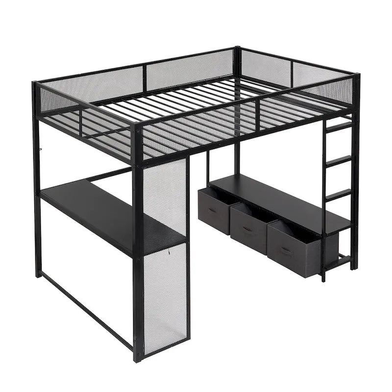 Lit mezzanine gaming en métal double avec LED 16 couleurs, bureau et 3 tiroirs de rangement (capacité de 180 kg)
