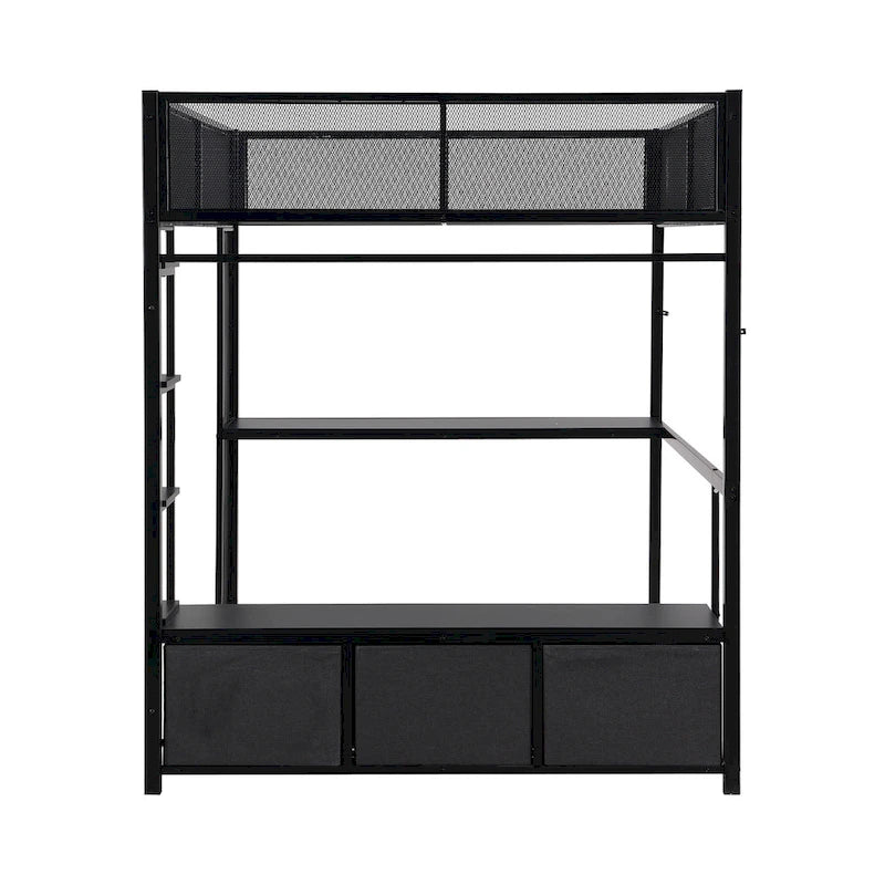 Lit mezzanine gaming en métal double avec LED 16 couleurs, bureau et 3 tiroirs de rangement (capacité de 180 kg)