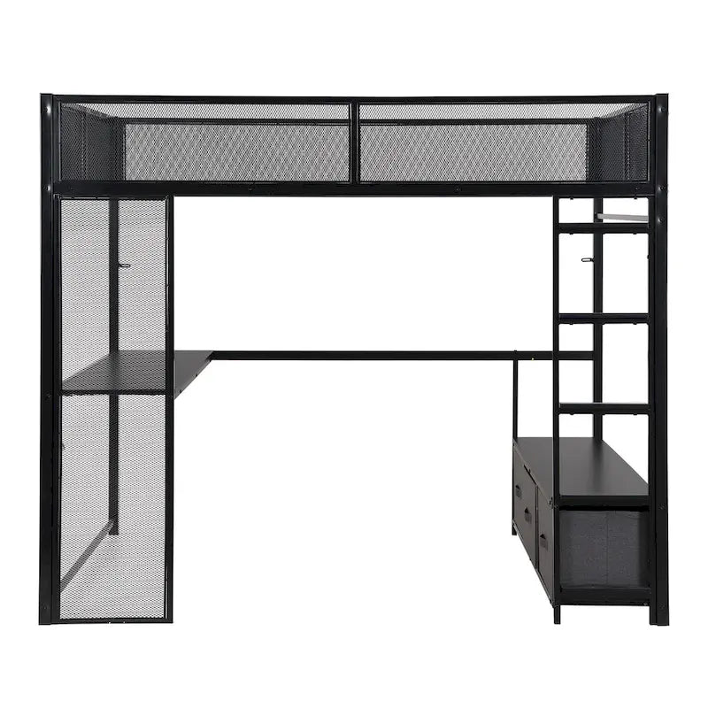 Lit mezzanine gaming en métal double avec LED 16 couleurs, bureau et 3 tiroirs de rangement (capacité de 180 kg)