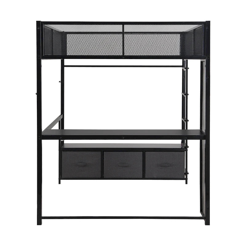 Lit mezzanine gaming en métal double avec LED 16 couleurs, bureau et 3 tiroirs de rangement (capacité de 180 kg)