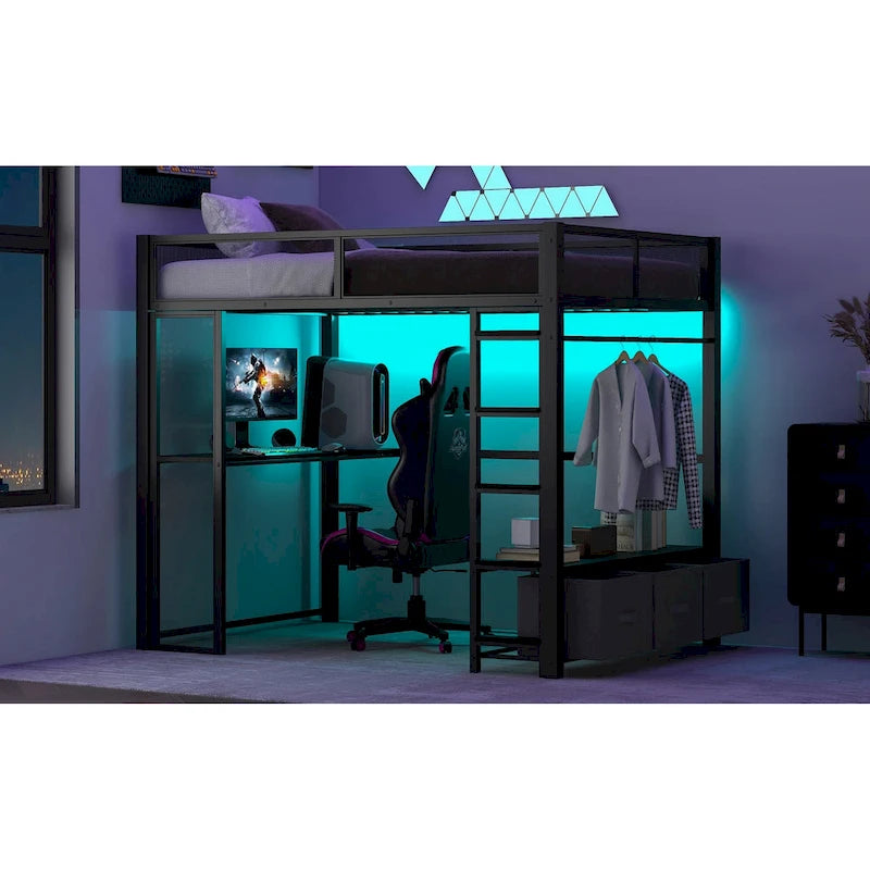Lit mezzanine gaming en métal double avec LED 16 couleurs, bureau et 3 tiroirs de rangement (capacité de 180 kg)