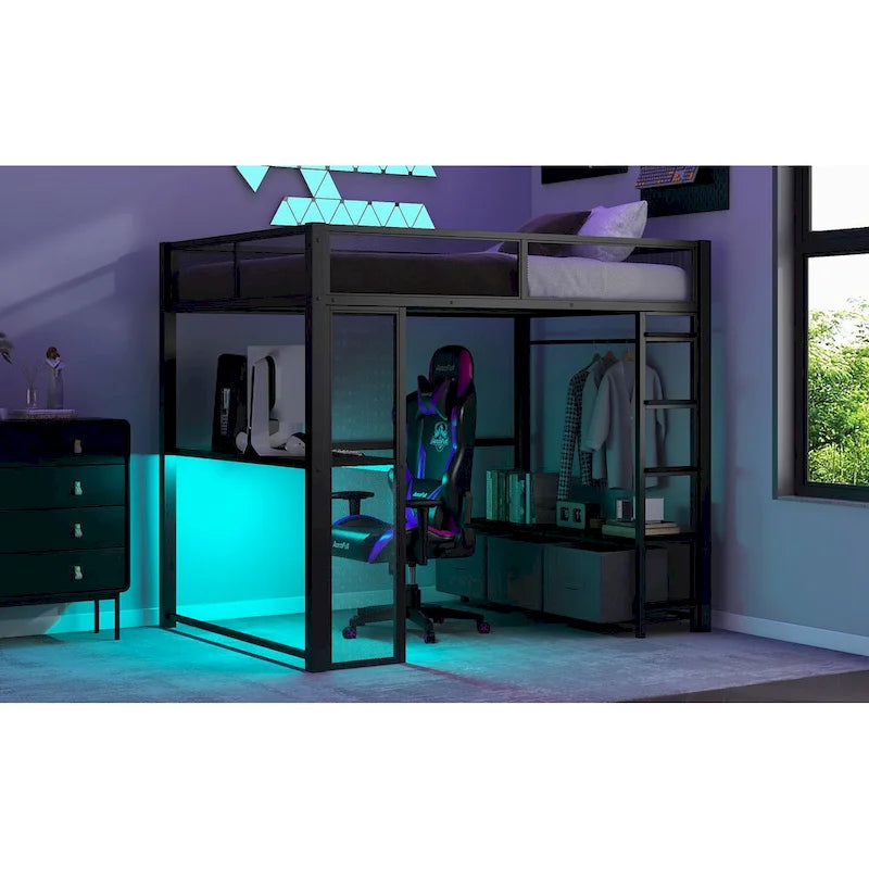 Lit mezzanine gaming en métal double avec LED 16 couleurs, bureau et 3 tiroirs de rangement (capacité de 180 kg)