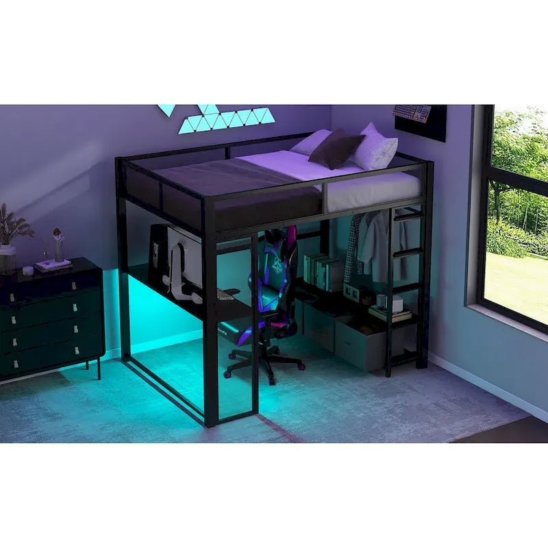 Lit mezzanine gaming en métal double avec LED 16 couleurs, bureau et 3 tiroirs de rangement (capacité de 180 kg)