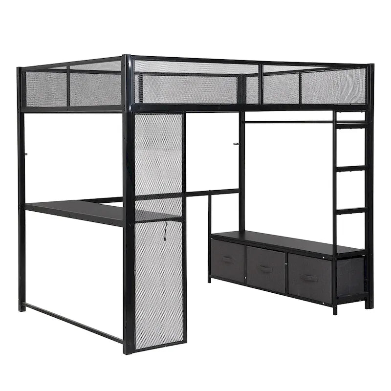Lit mezzanine gaming en métal double avec LED 16 couleurs, bureau et 3 tiroirs de rangement (capacité de 180 kg)