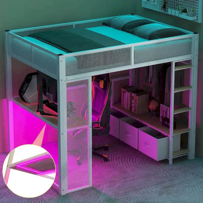 Lit mezzanine gaming en métal double avec LED 16 couleurs, bureau et 3 tiroirs de rangement (capacité de 180 kg)