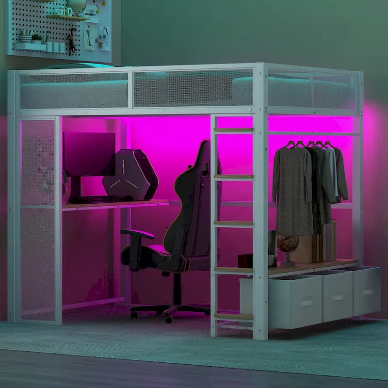 Lit mezzanine gaming en métal double avec LED 16 couleurs, bureau et 3 tiroirs de rangement (capacité de 180 kg)