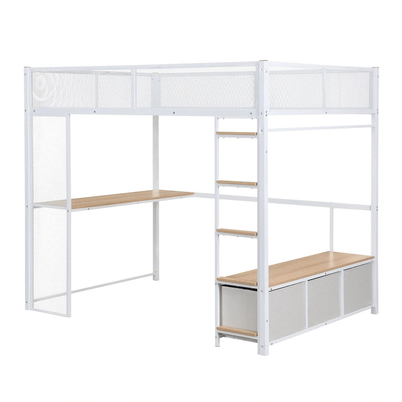 Lit mezzanine gaming en métal double avec LED 16 couleurs, bureau et 3 tiroirs de rangement (capacité de 180 kg)