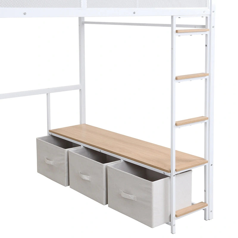 Lit mezzanine gaming en métal double avec LED 16 couleurs, bureau et 3 tiroirs de rangement (capacité de 180 kg)