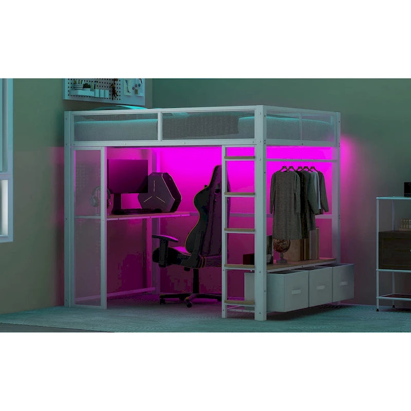 Lit mezzanine gaming en métal double avec LED 16 couleurs, bureau et 3 tiroirs de rangement (capacité de 180 kg)