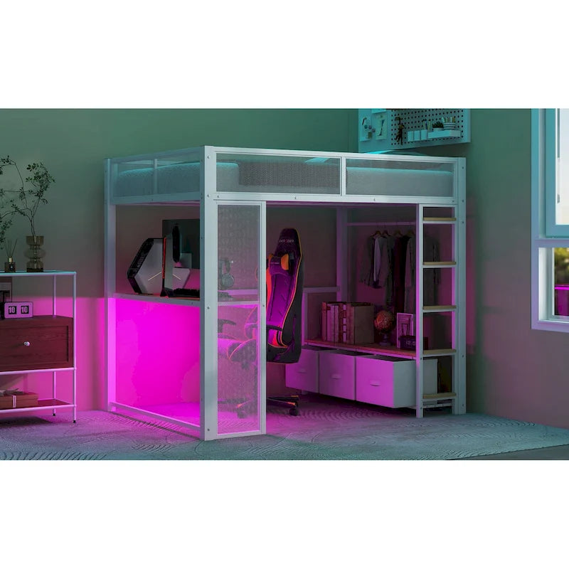 Lit mezzanine gaming en métal double avec LED 16 couleurs, bureau et 3 tiroirs de rangement (capacité de 180 kg)