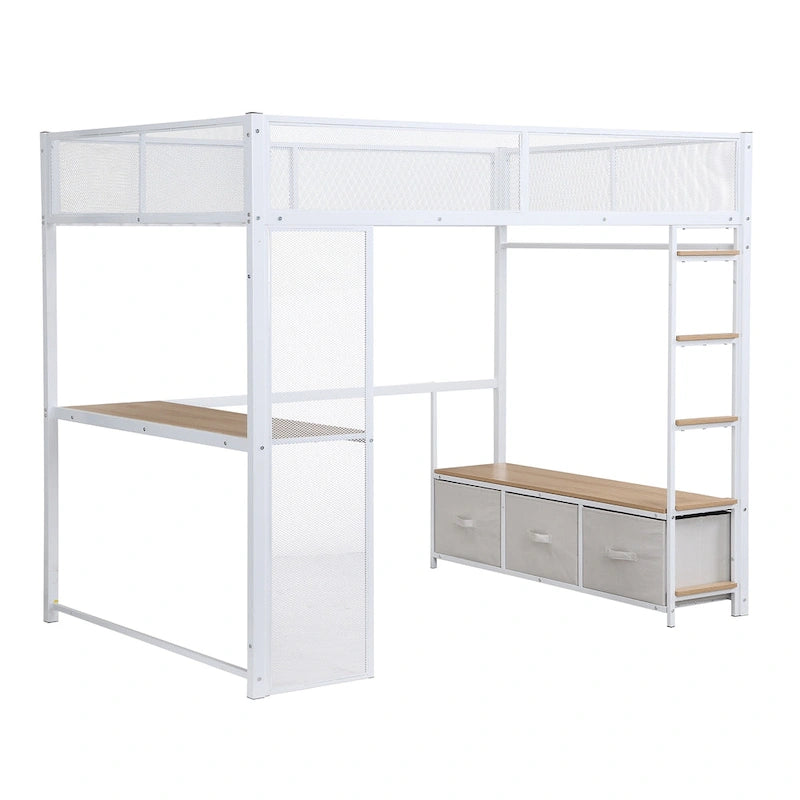 Lit mezzanine gaming en métal double avec LED 16 couleurs, bureau et 3 tiroirs de rangement (capacité de 180 kg)
