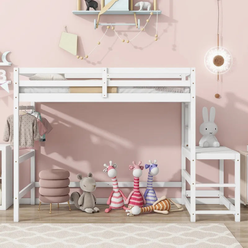 Twin Size Pine Wood High Loft Bed with Ladder