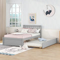 Lit jumeau double gris en bois de noyer avec lit gigogne et tête de lit en forme de clôture - Design moderne peu encombrant