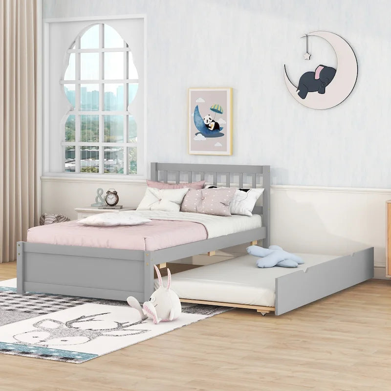 Lit jumeau double gris en bois de noyer avec lit gigogne et tête de lit en forme de clôture - Design moderne peu encombrant