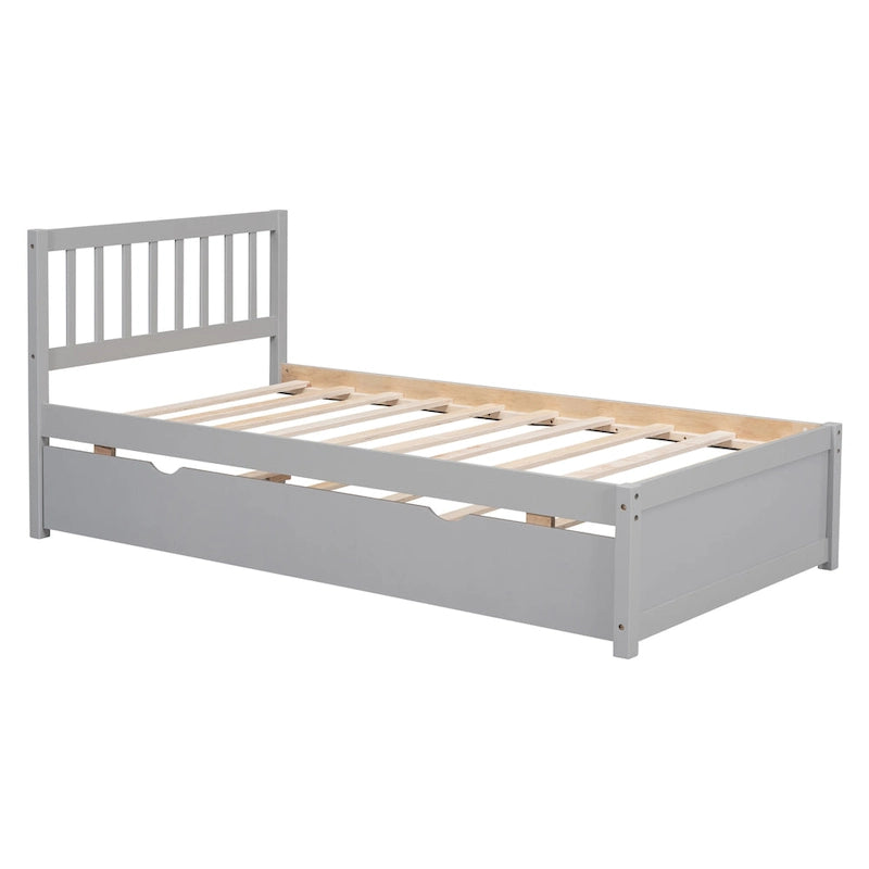 Lit jumeau double gris en bois de noyer avec lit gigogne et tête de lit en forme de clôture - Design moderne peu encombrant