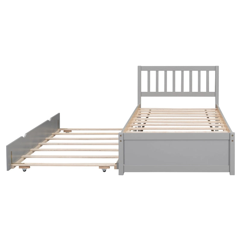 Lit jumeau double gris en bois de noyer avec lit gigogne et tête de lit en forme de clôture - Design moderne peu encombrant