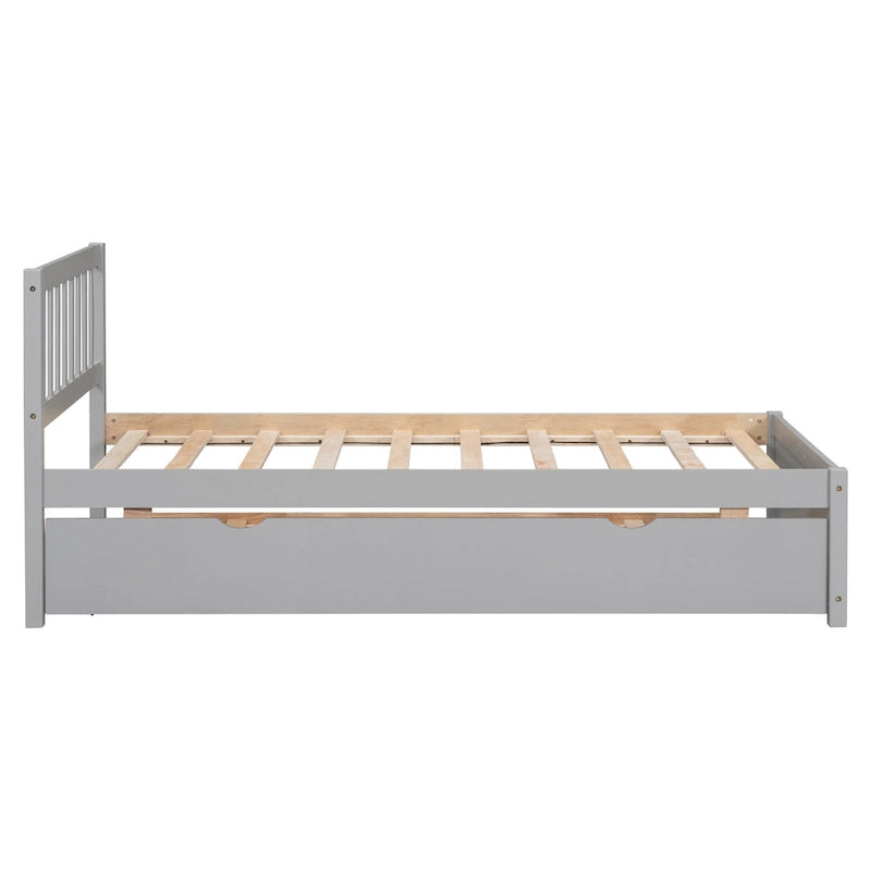 Lit jumeau double gris en bois de noyer avec lit gigogne et tête de lit en forme de clôture - Design moderne peu encombrant