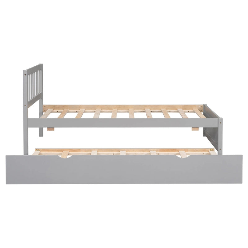 Lit jumeau double gris en bois de noyer avec lit gigogne et tête de lit en forme de clôture - Design moderne peu encombrant