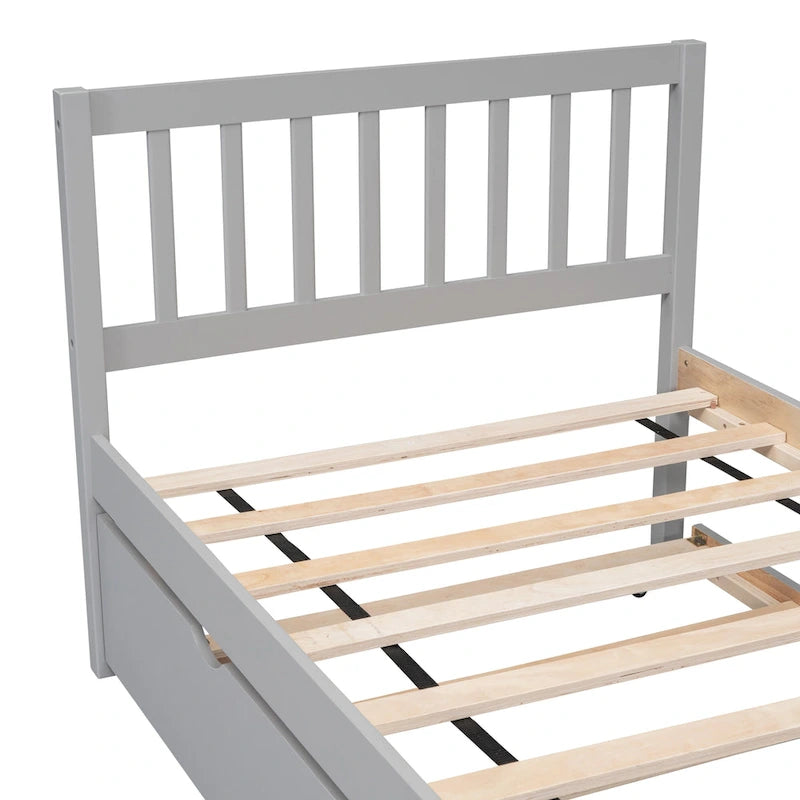 Lit jumeau double gris en bois de noyer avec lit gigogne et tête de lit en forme de clôture - Design moderne peu encombrant