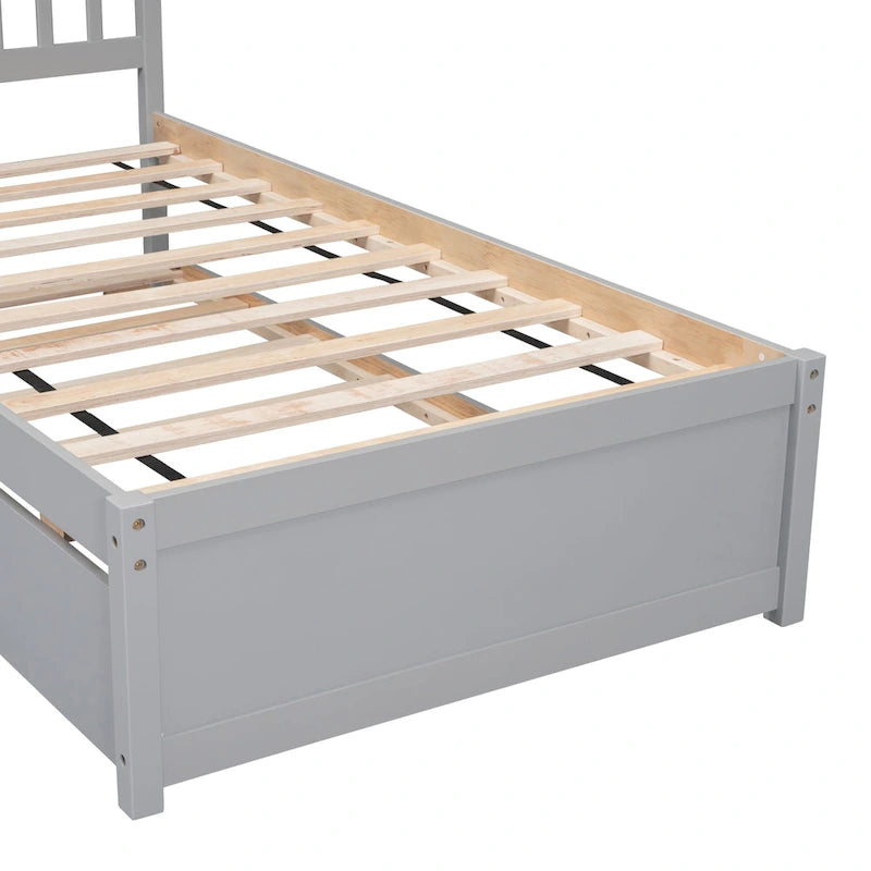 Lit jumeau double gris en bois de noyer avec lit gigogne et tête de lit en forme de clôture - Design moderne peu encombrant